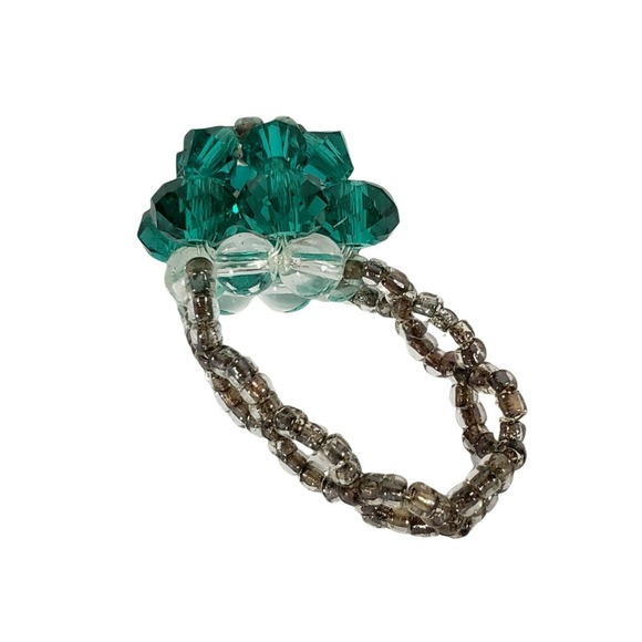 Womens Bracelet Ring 2 Piece Set Stretch Green Faceted Glass Rhinestone Vintage - Picture 6 of 9